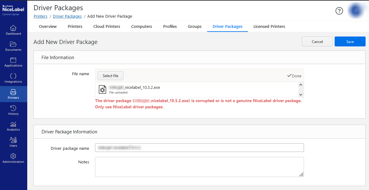 Error when adding new driver package to Printers in Control Center